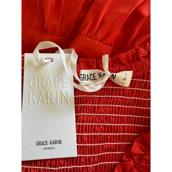 Grace Karin Women Red Tiered Smocked Bodice Ruffled Cap Sleeves Dress Size S-NWT - Picture 4 of 8